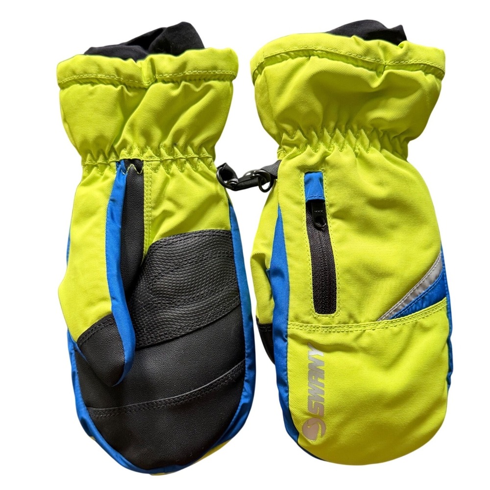 Swany Kids Ski Mittens Neon Green Blue Black Winter Snow Mitts Zipper Pocket